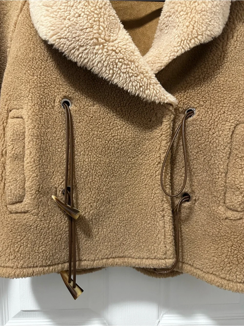 In Studio Teddy Sherpa Jacket Small Camel Faux Shearling Drawstring Bomber Coat - Picture 4 of 8